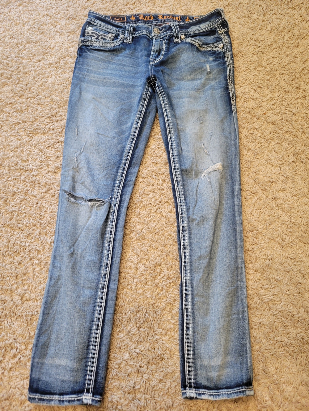 Rock Revival Jeans Womens Size 30x28* Blue Distressed Mid Rise  Skinny